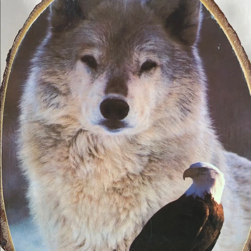 Vintage Wooden Eagle & Wolf Wall Plaque